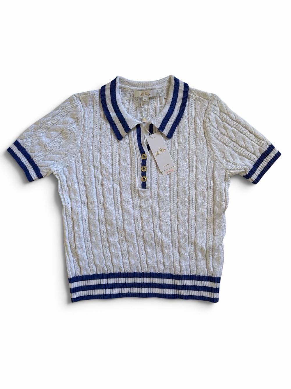 Lilly Pulitzer White Cable Knit Golf / Resort Sweater with Blue Trim